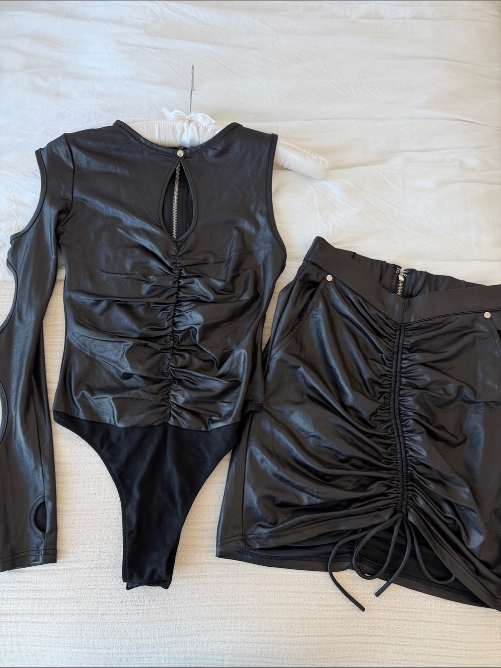 Maniere De Voir Black Faux Leather Ruched Skirt Set
